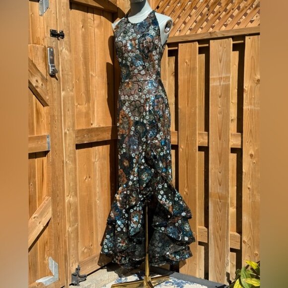 🆕 BRONX & BANCO🧿 NWOT Sicilia Blue Sequin Fluted Hem Maxi Dress Sz XS US 2 - Picture 11 of 16